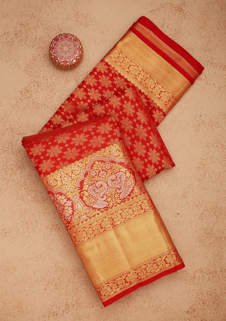 Red Silk Jaal Gold Zariwork Saree With Matching Blouse Piece