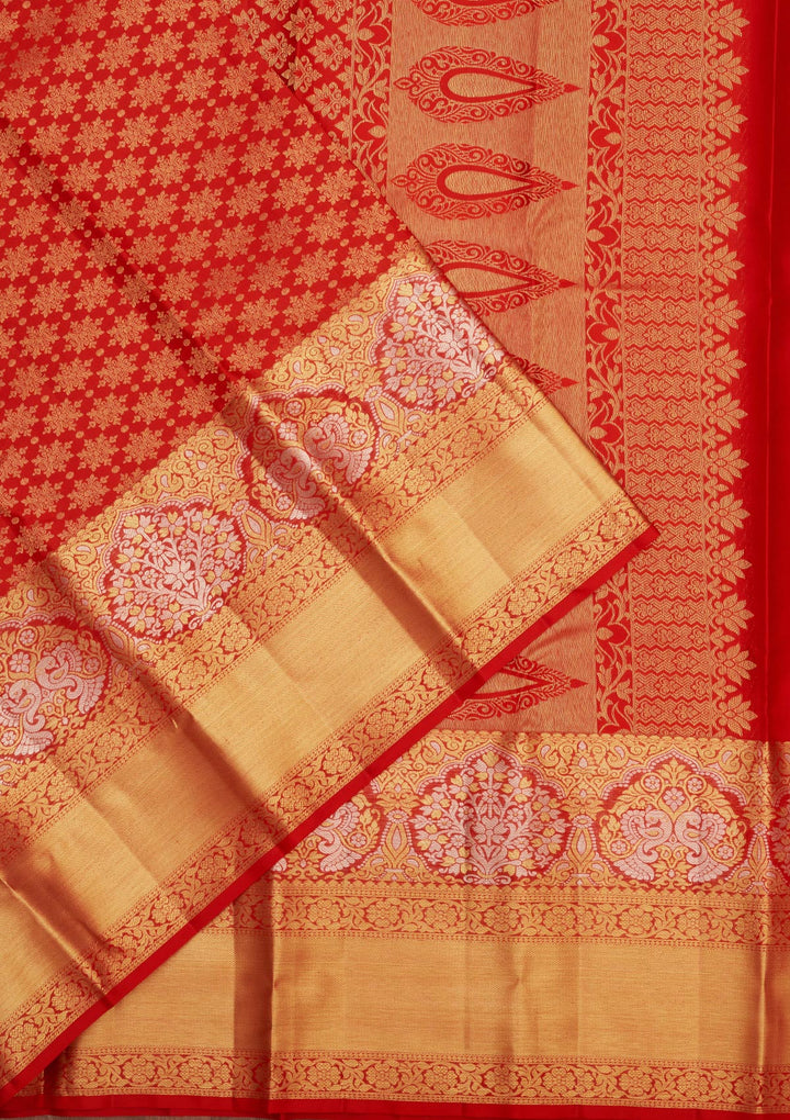 Red Silk Jaal Gold Zariwork Saree With Matching Blouse Piece