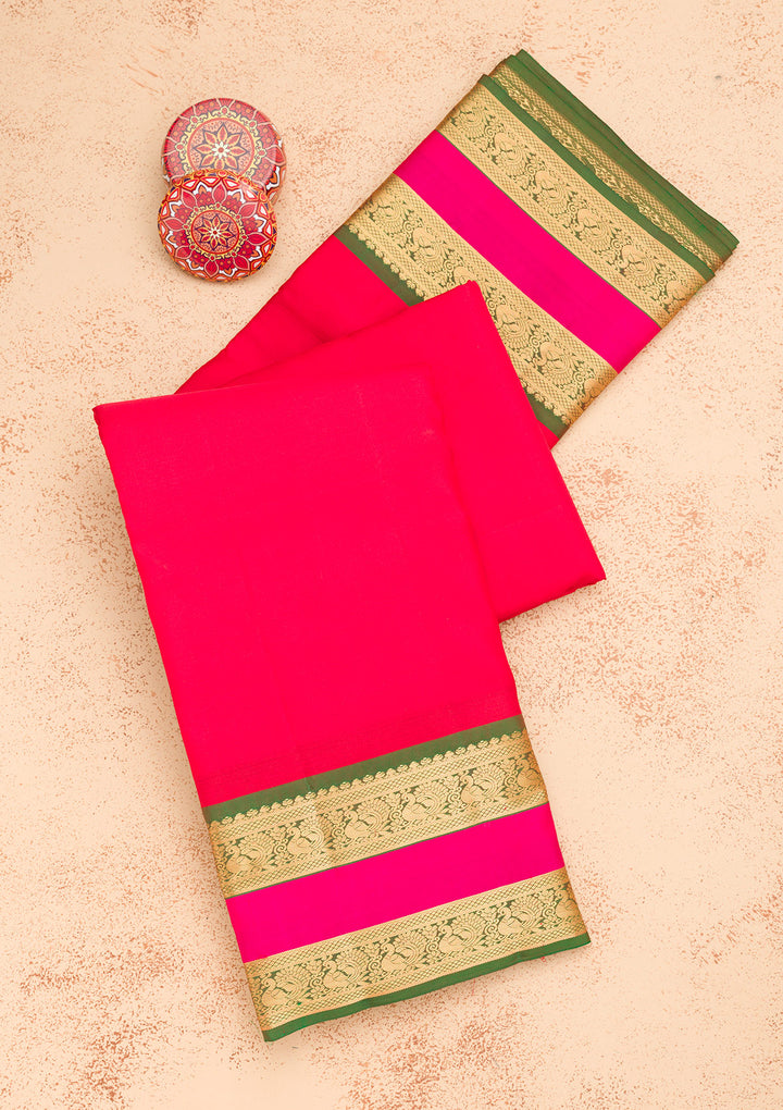 Rani Pink Silk Plain Gold Zariwork Saree With Matching Blouse Piece