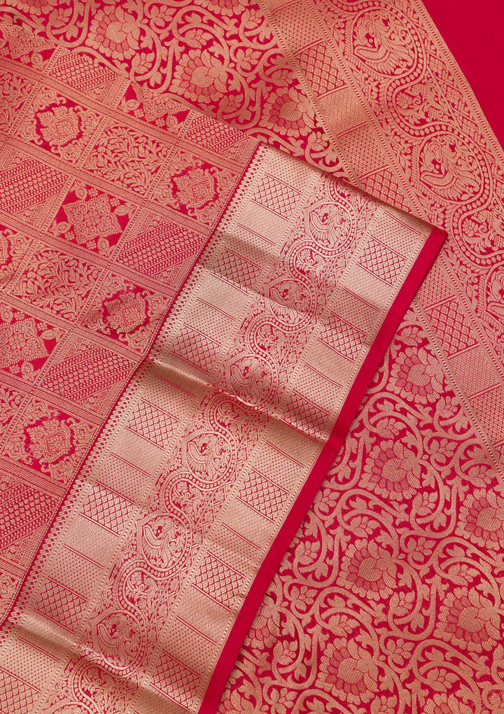 Red Pure Silk Jaal Zariwork Saree With Matching Blouse Piece