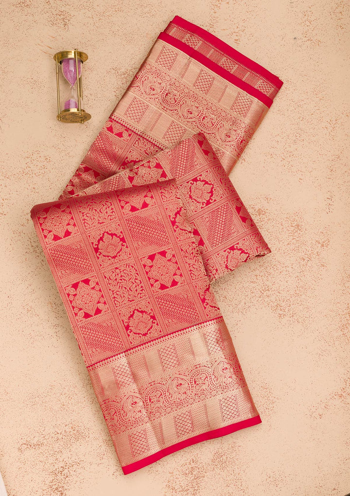 Red Pure Silk Jaal Zariwork Saree With Matching Blouse Piece