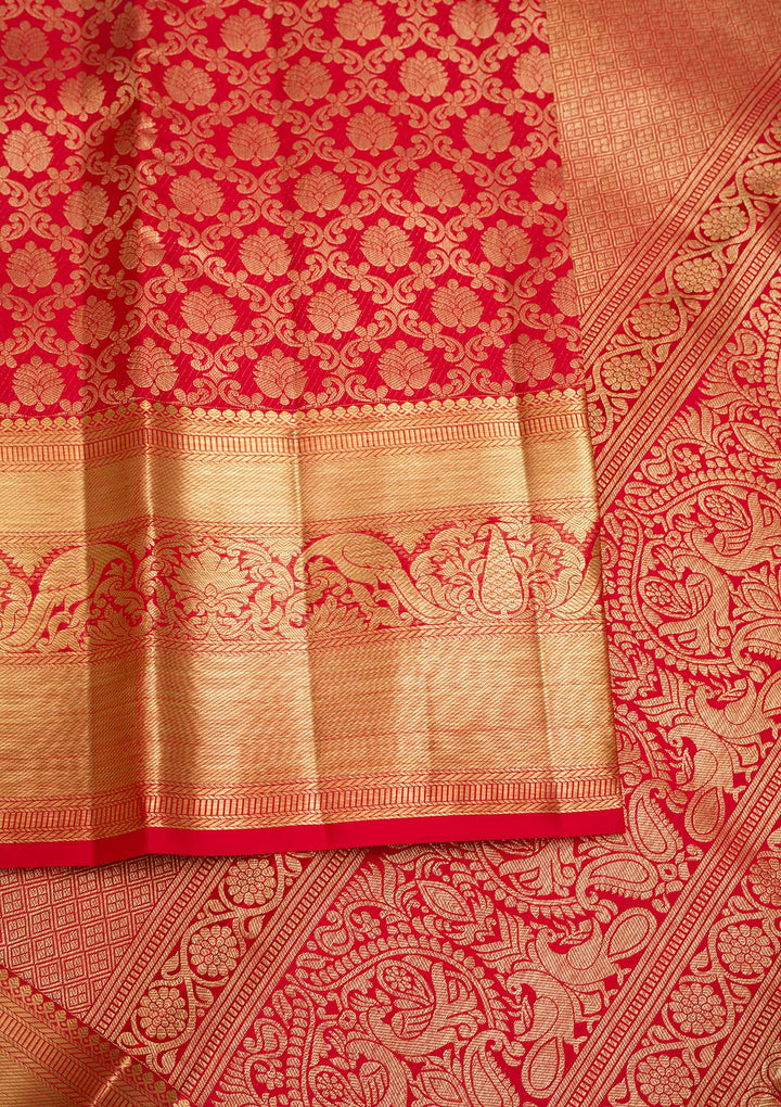 Red Silk Jaal Saree With Matching Blouse Piece