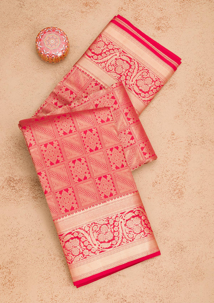 Red Pure Silk Jaal Zariwork Saree With Matching Blouse Piece