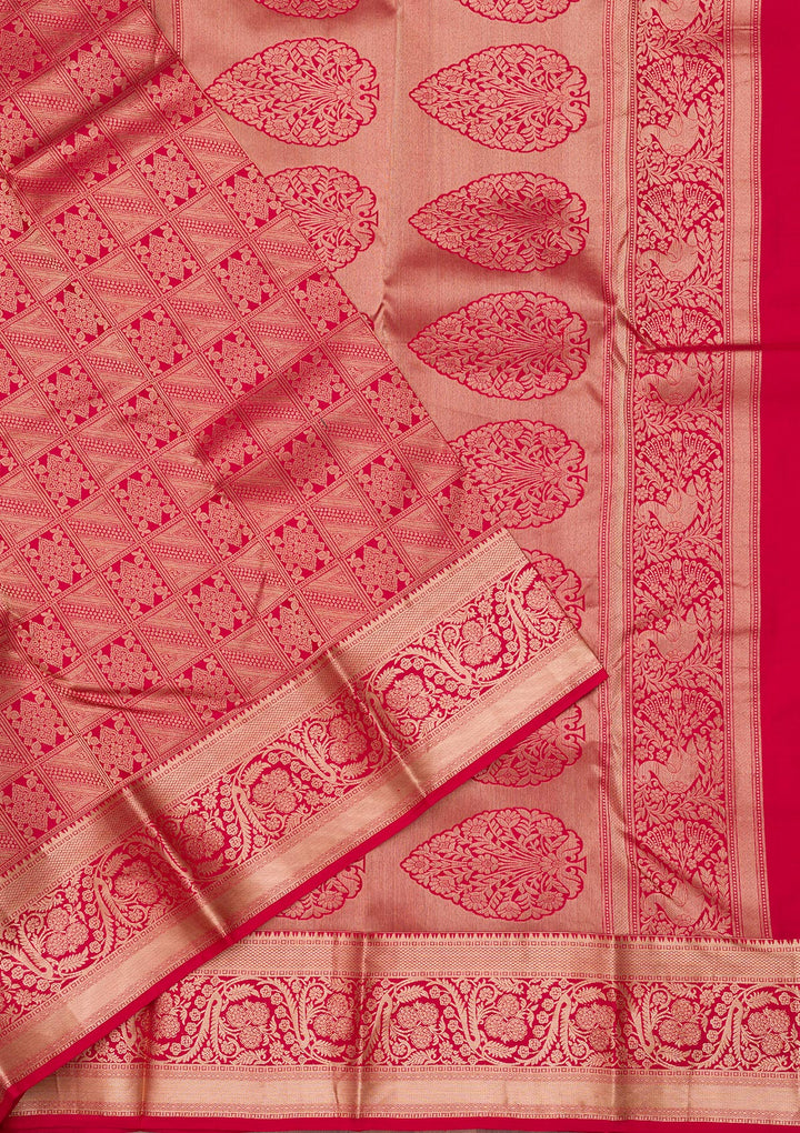 Red Pure Silk Jaal Zariwork Saree With Matching Blouse Piece