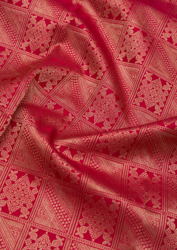 Red Pure Silk Jaal Zariwork Saree With Matching Blouse Piece