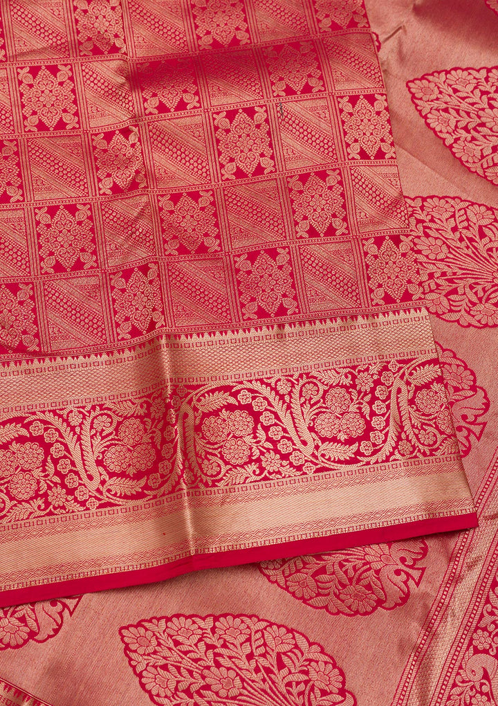 Red Pure Silk Jaal Zariwork Saree With Matching Blouse Piece