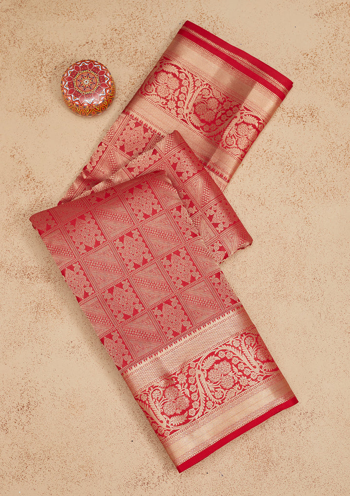 Red Silk Jaal Gold Zariwork Saree With Matching Blouse Piece