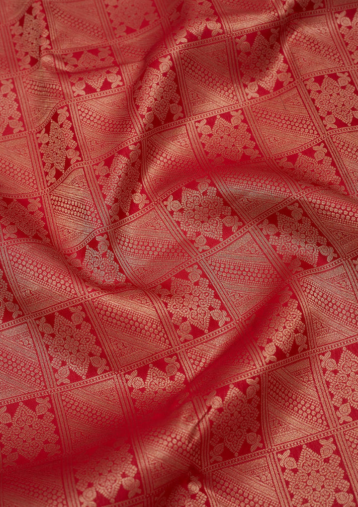 Red Silk Jaal Gold Zariwork Saree With Matching Blouse Piece