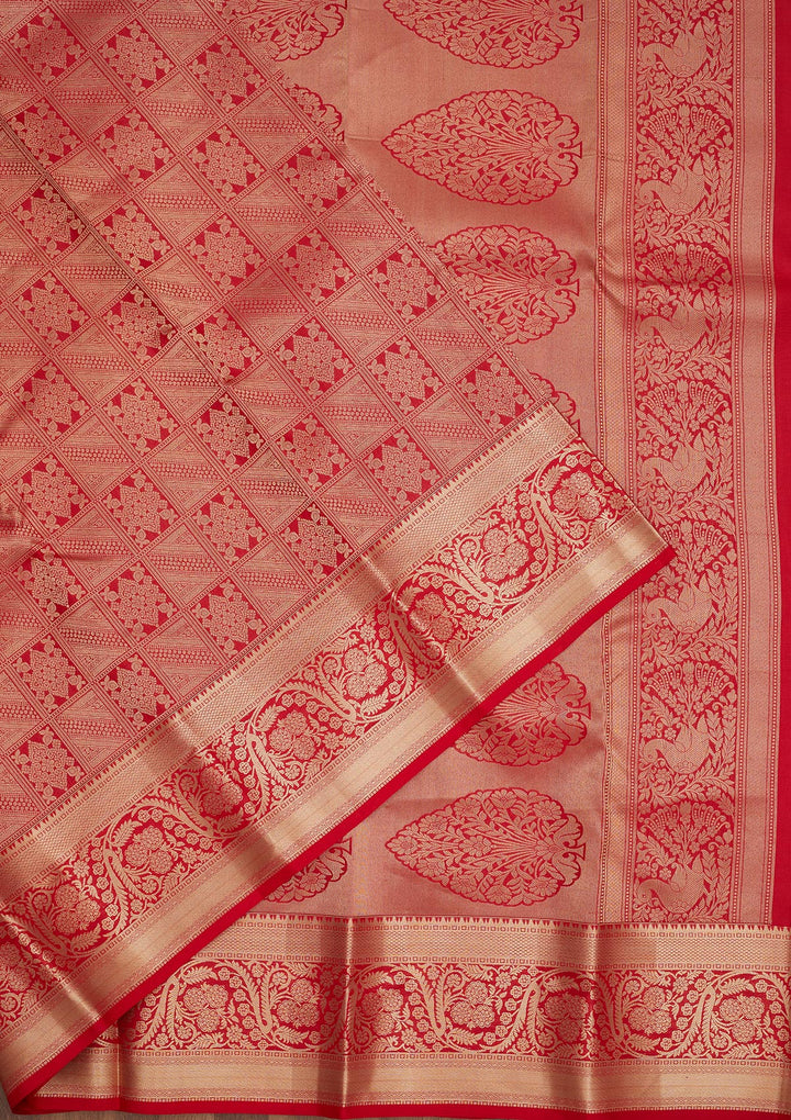 Red Silk Jaal Gold Zariwork Saree With Matching Blouse Piece