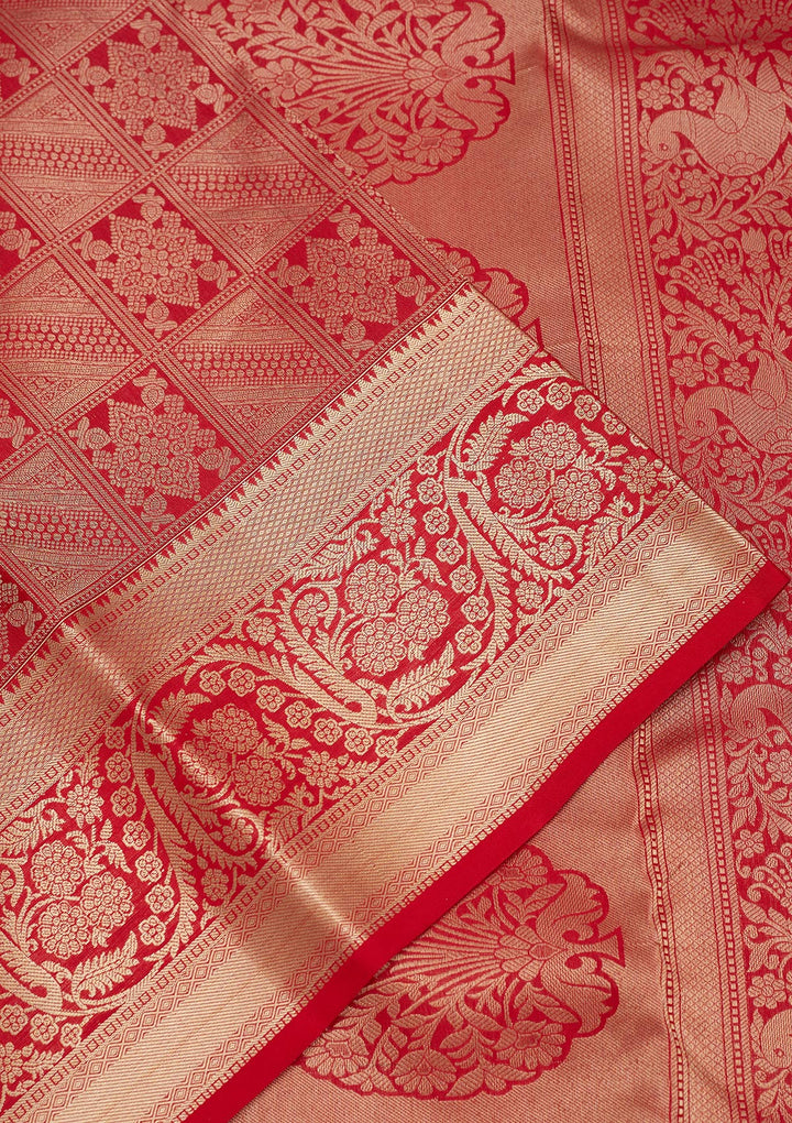 Red Silk Jaal Gold Zariwork Saree With Matching Blouse Piece