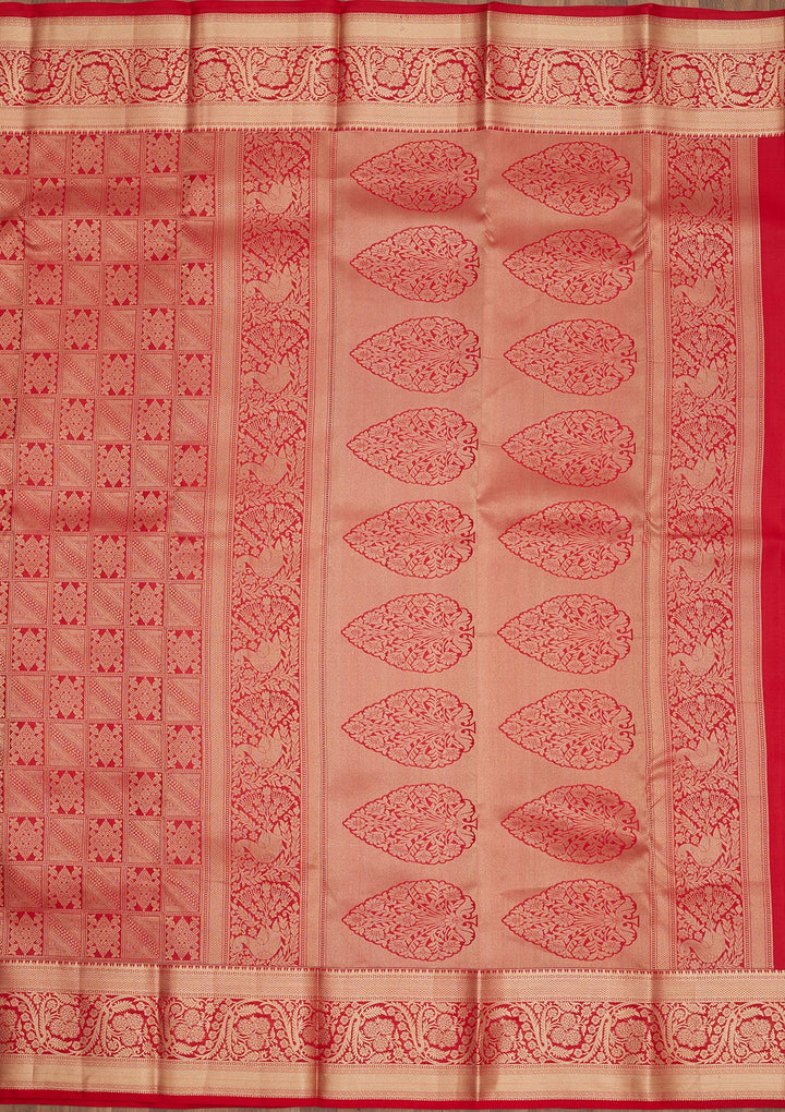 Red Silk Jaal Gold Zariwork Saree With Matching Blouse Piece