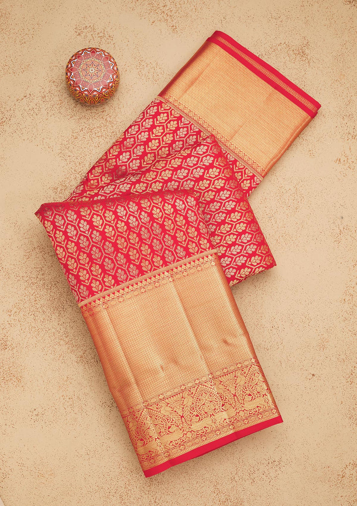 Red Silk Jaal Gold Zariwork Saree With Matching Blouse Piece