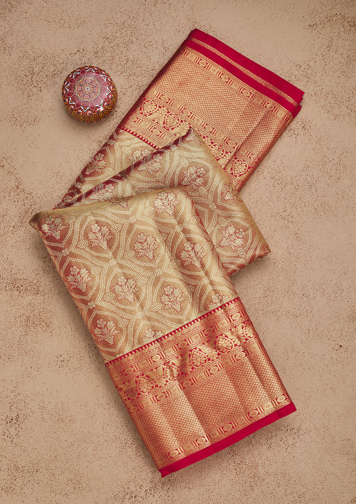 Red Silk Jaal Gold Zari Work Saree With Matching Blouse Piece