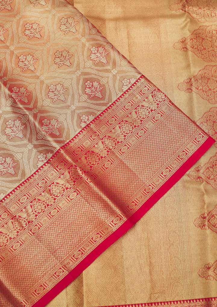 Red Silk Jaal Gold Zari Work Saree With Matching Blouse Piece