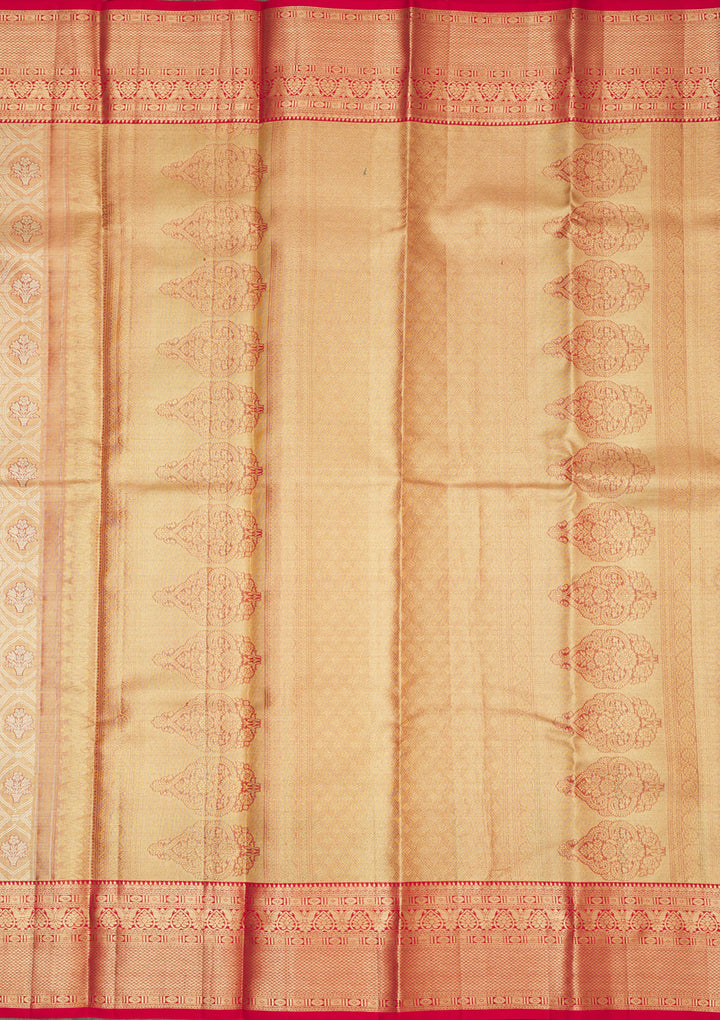 Red Silk Jaal Gold Zari Work Saree With Matching Blouse Piece