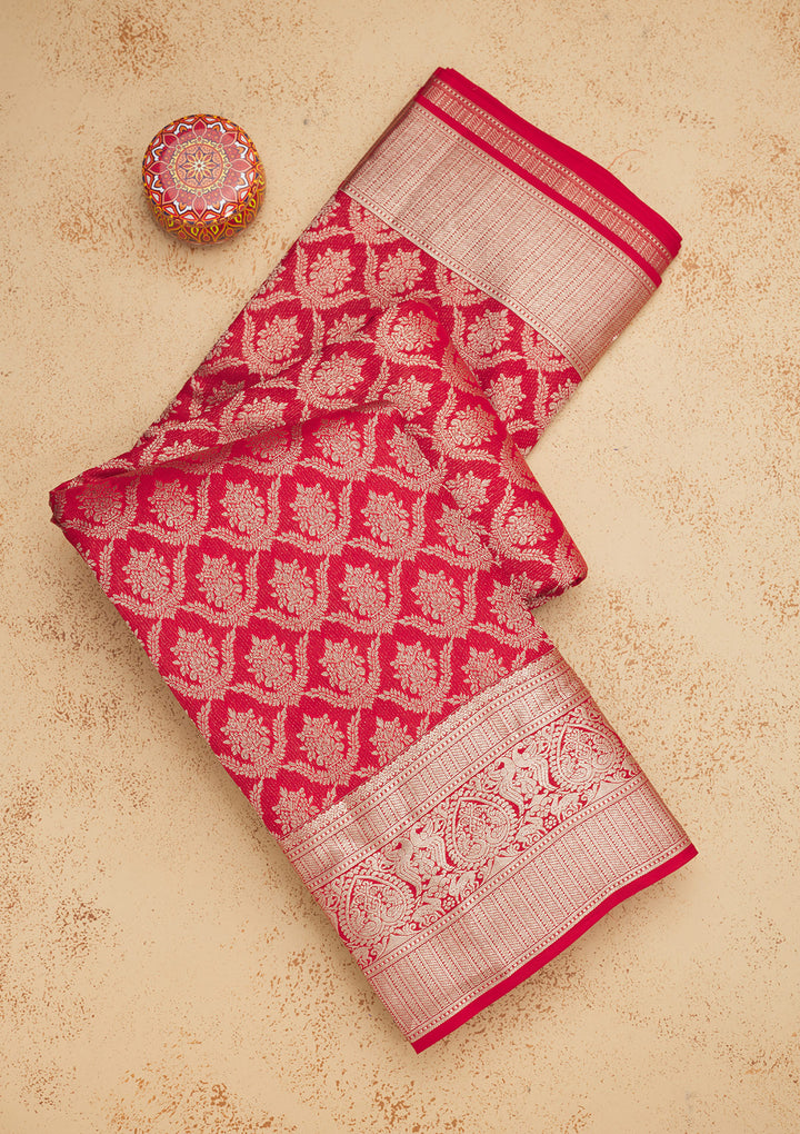 Red Pure Silk Jaal Zariwork Saree With Matching Blouse Piece