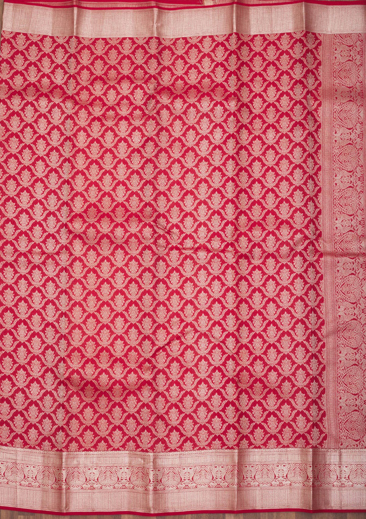 Red Pure Silk Jaal Zariwork Saree With Matching Blouse Piece