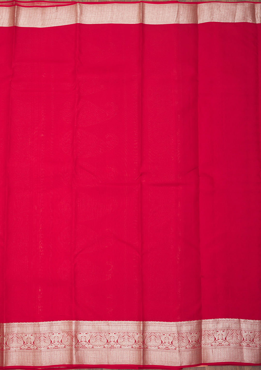 Red Pure Silk Jaal Zariwork Saree With Matching Blouse Piece