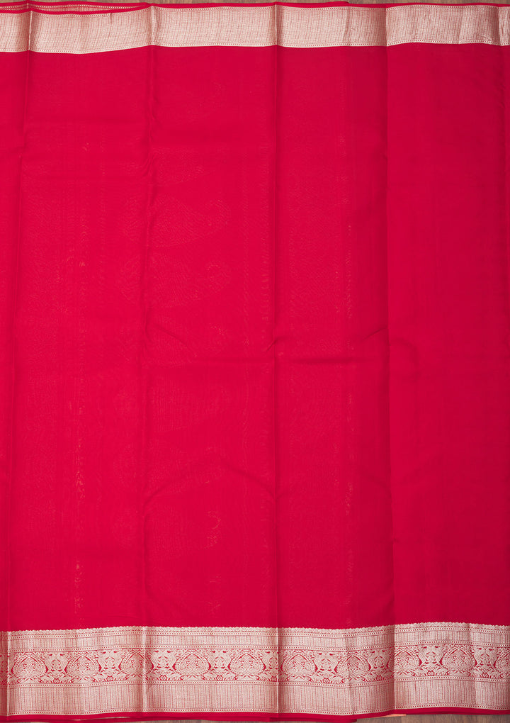 Red Pure Silk Jaal Zariwork Saree With Matching Blouse Piece
