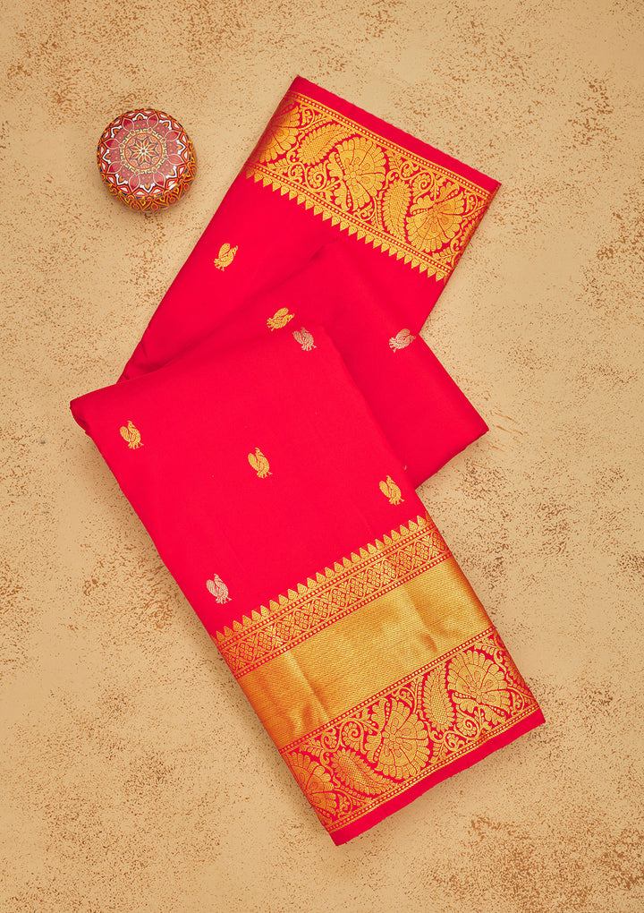 Red Silk Buti Gold Zariwork Saree With Matching Blouse Piece