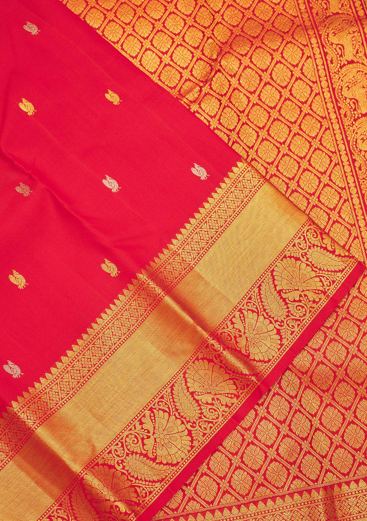 Red Silk Buti Gold Zariwork Saree With Matching Blouse Piece