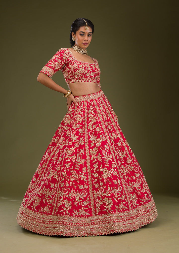 Red Zariwork Raw Silk Readymade Lehenga
