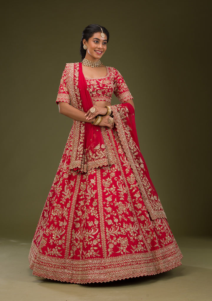Red Zariwork Raw Silk Readymade Lehenga