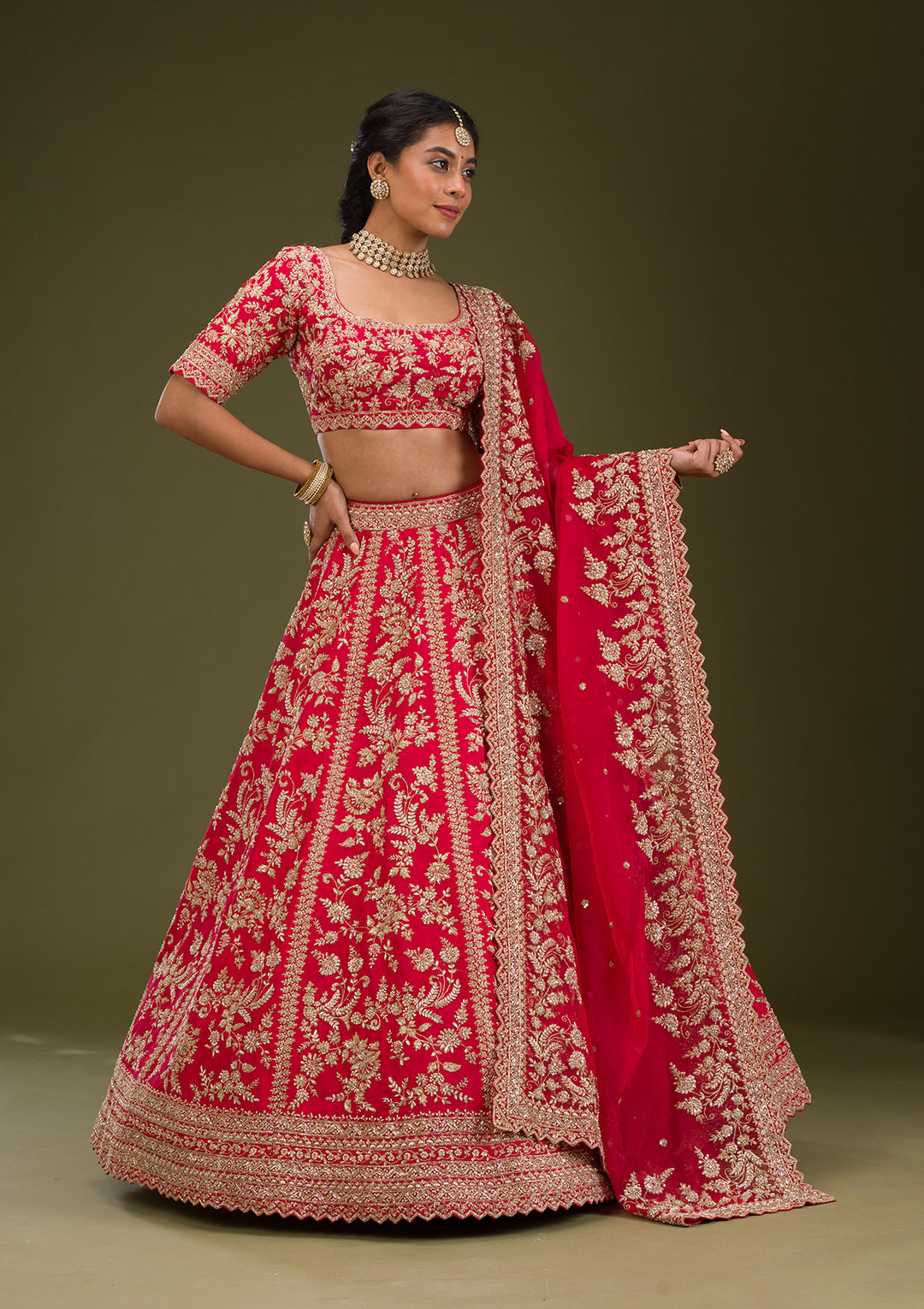 Red Zariwork Raw Silk Readymade Lehenga