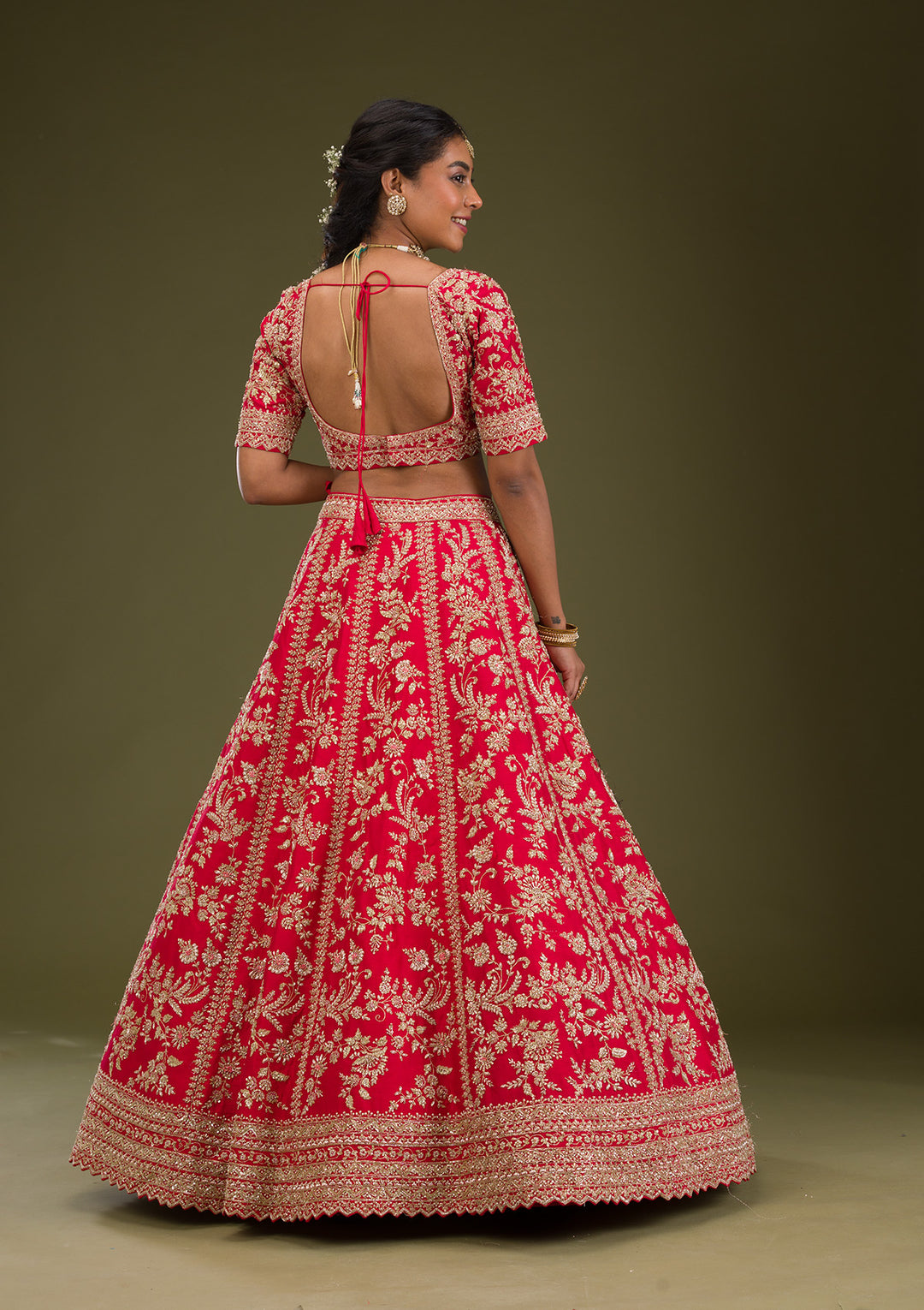 Red Zariwork Raw Silk Readymade Lehenga