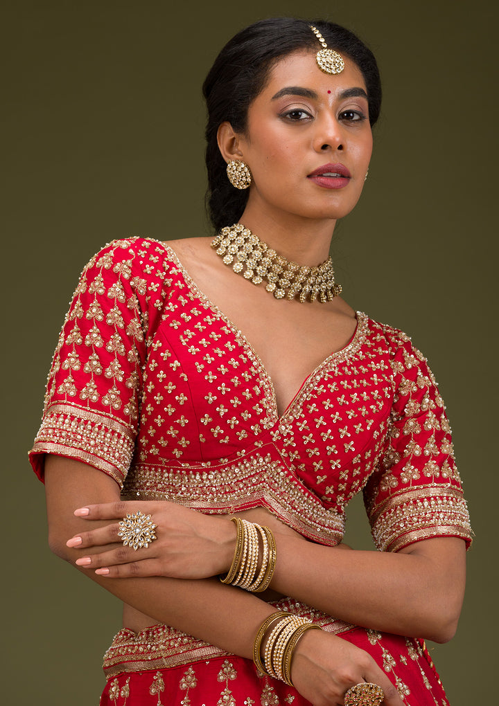 Red Zariwork Raw Silk Readymade Lehenga