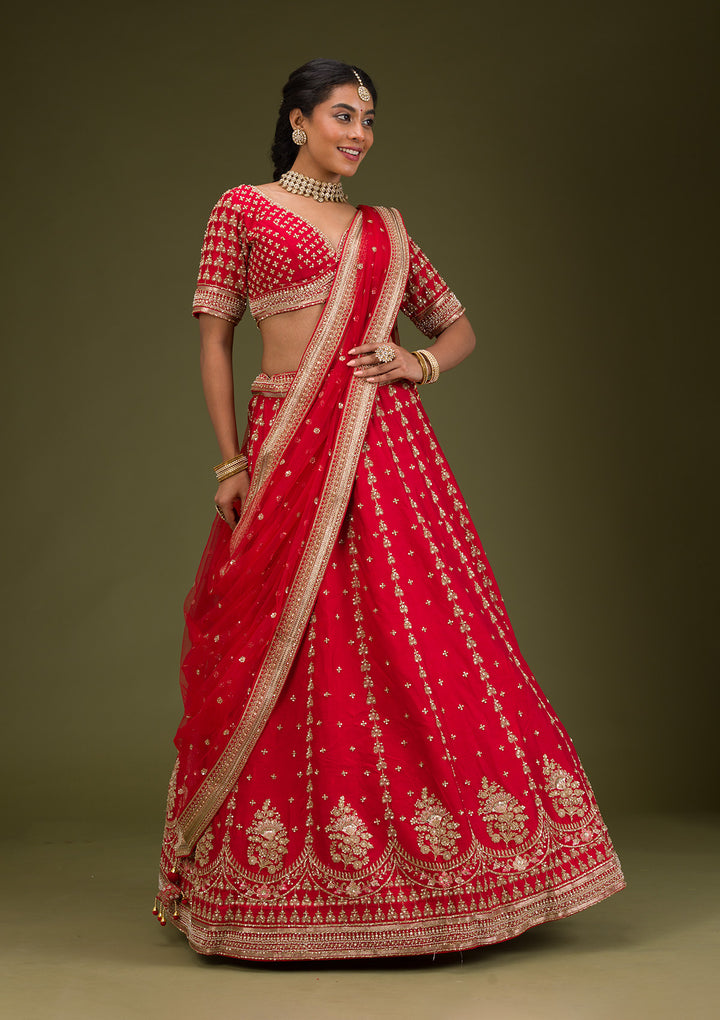Red Zariwork Raw Silk Readymade Lehenga