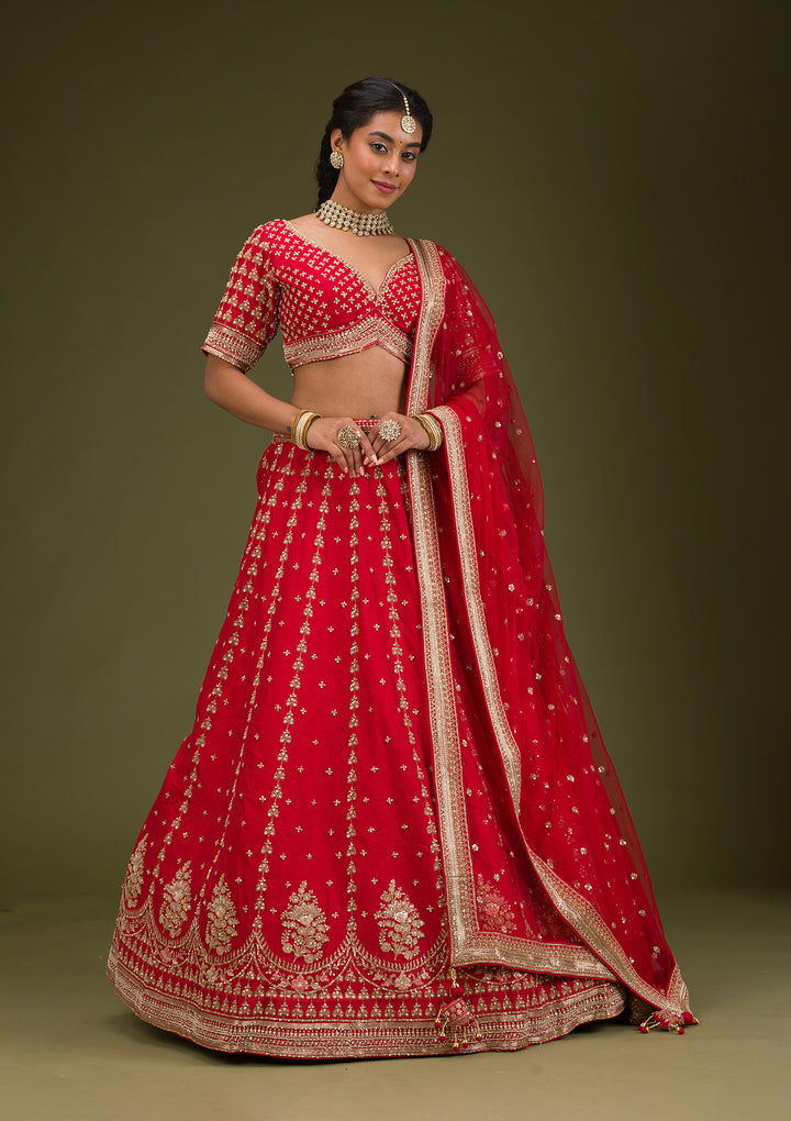 Red Zariwork Raw Silk Readymade Lehenga