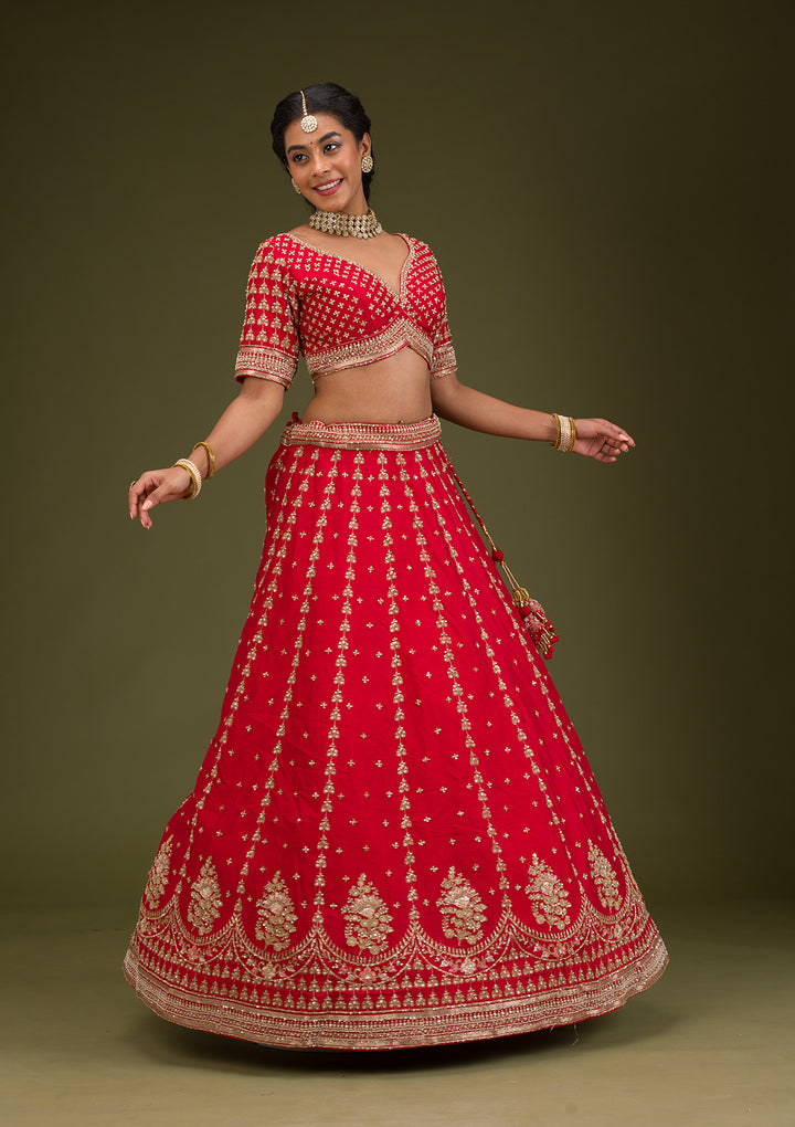 Red Zariwork Raw Silk Readymade Lehenga