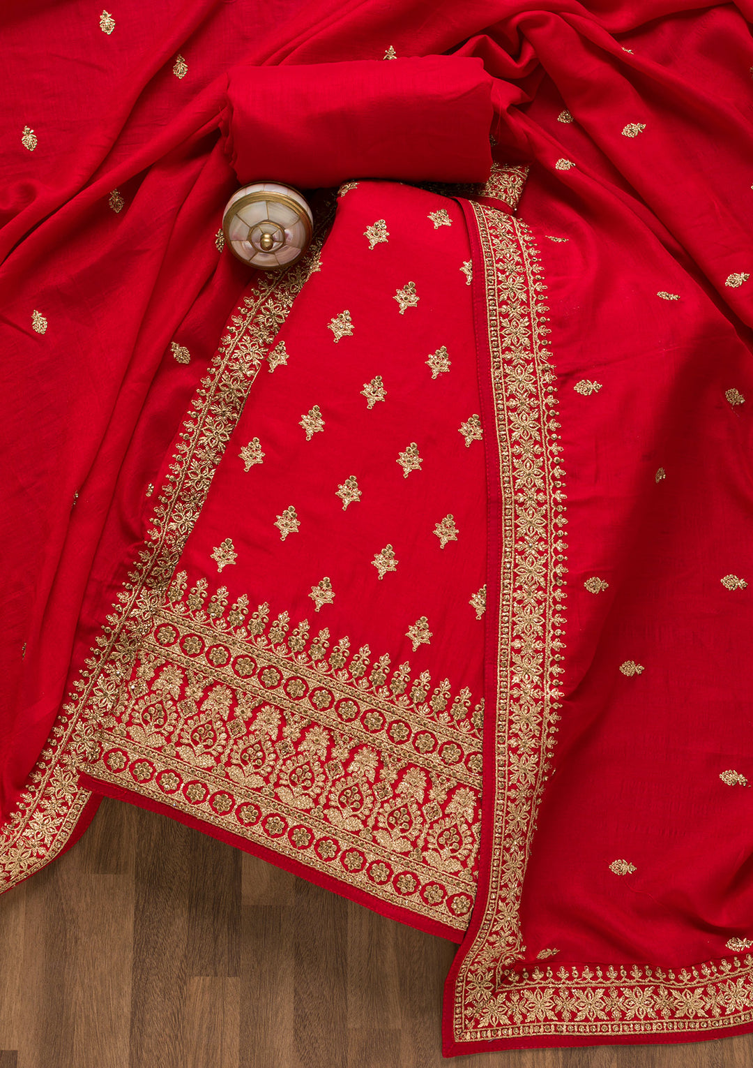 Red Soft Raw Silk Cording Unstitched Dress Material With Matching Bottom And Dupatta