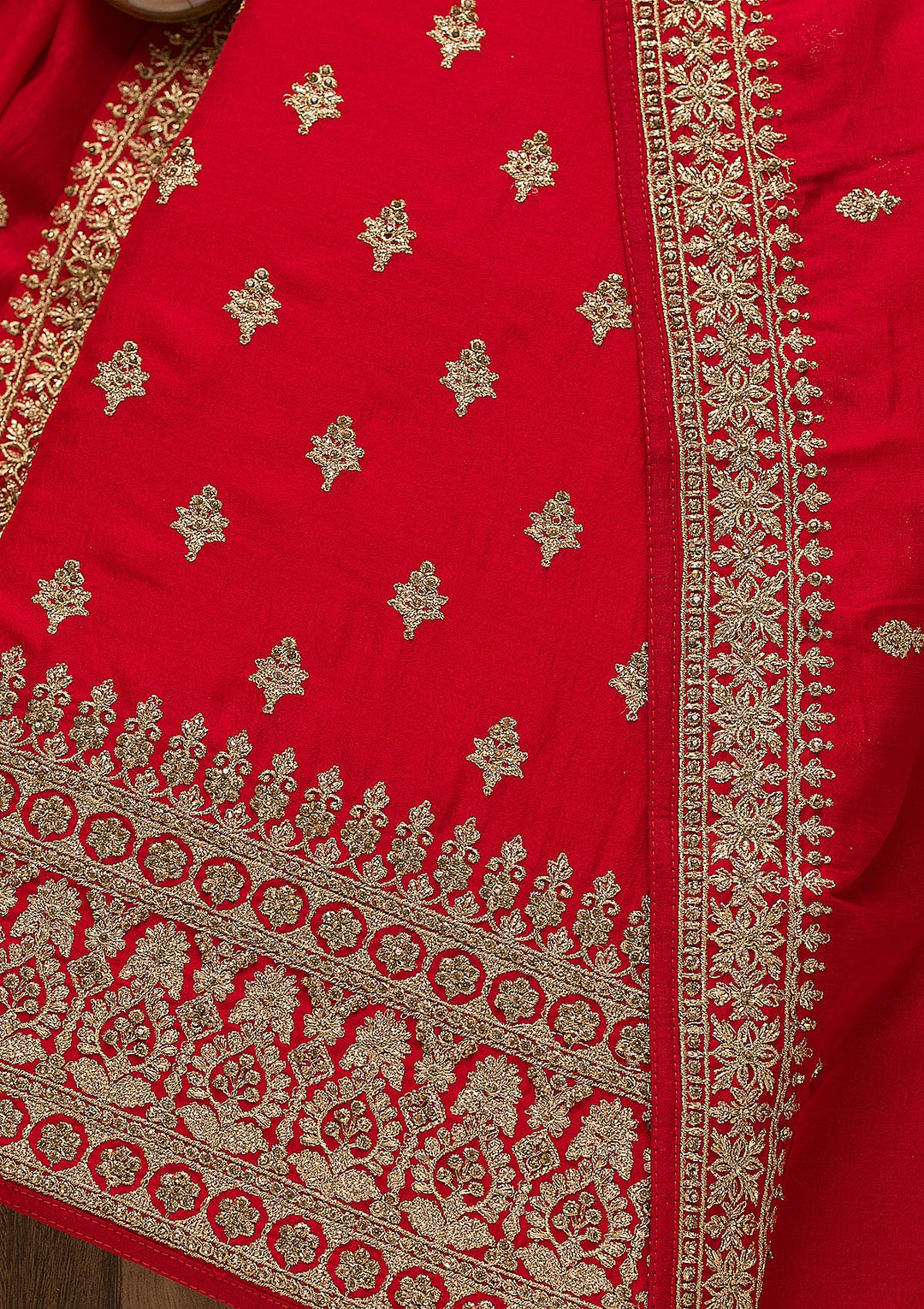 Red Soft Raw Silk Cording Unstitched Dress Material With Matching Bottom And Dupatta