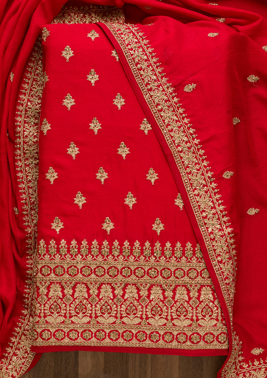 Red Soft Raw Silk Cording Unstitched Dress Material With Matching Bottom And Dupatta