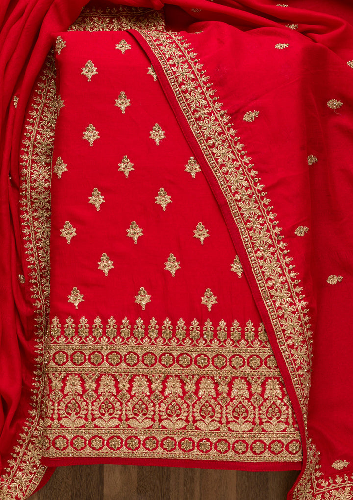 Red Soft Raw Silk Cording Unstitched Dress Material With Matching Bottom And Dupatta