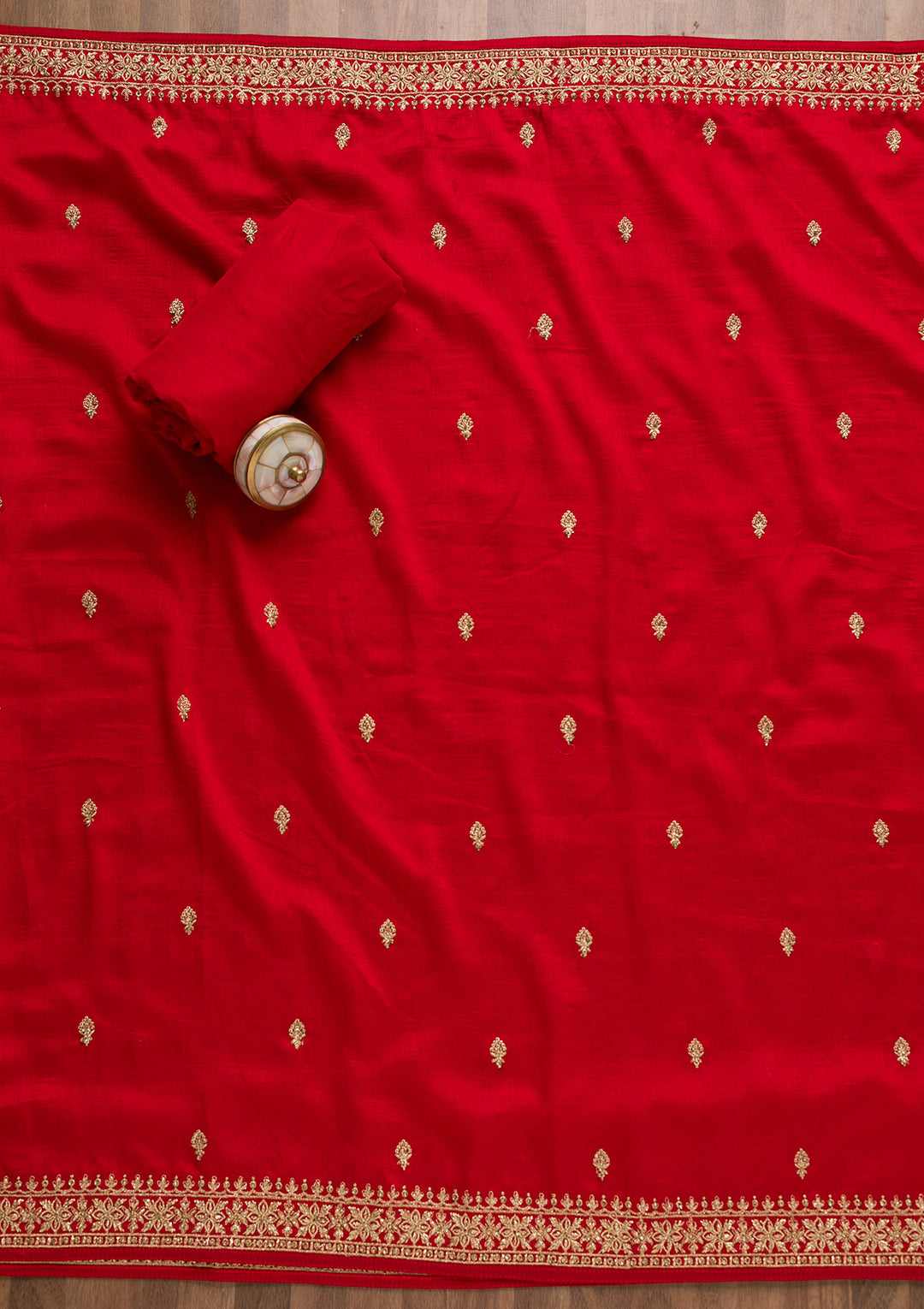 Red Soft Raw Silk Cording Unstitched Dress Material With Matching Bottom And Dupatta