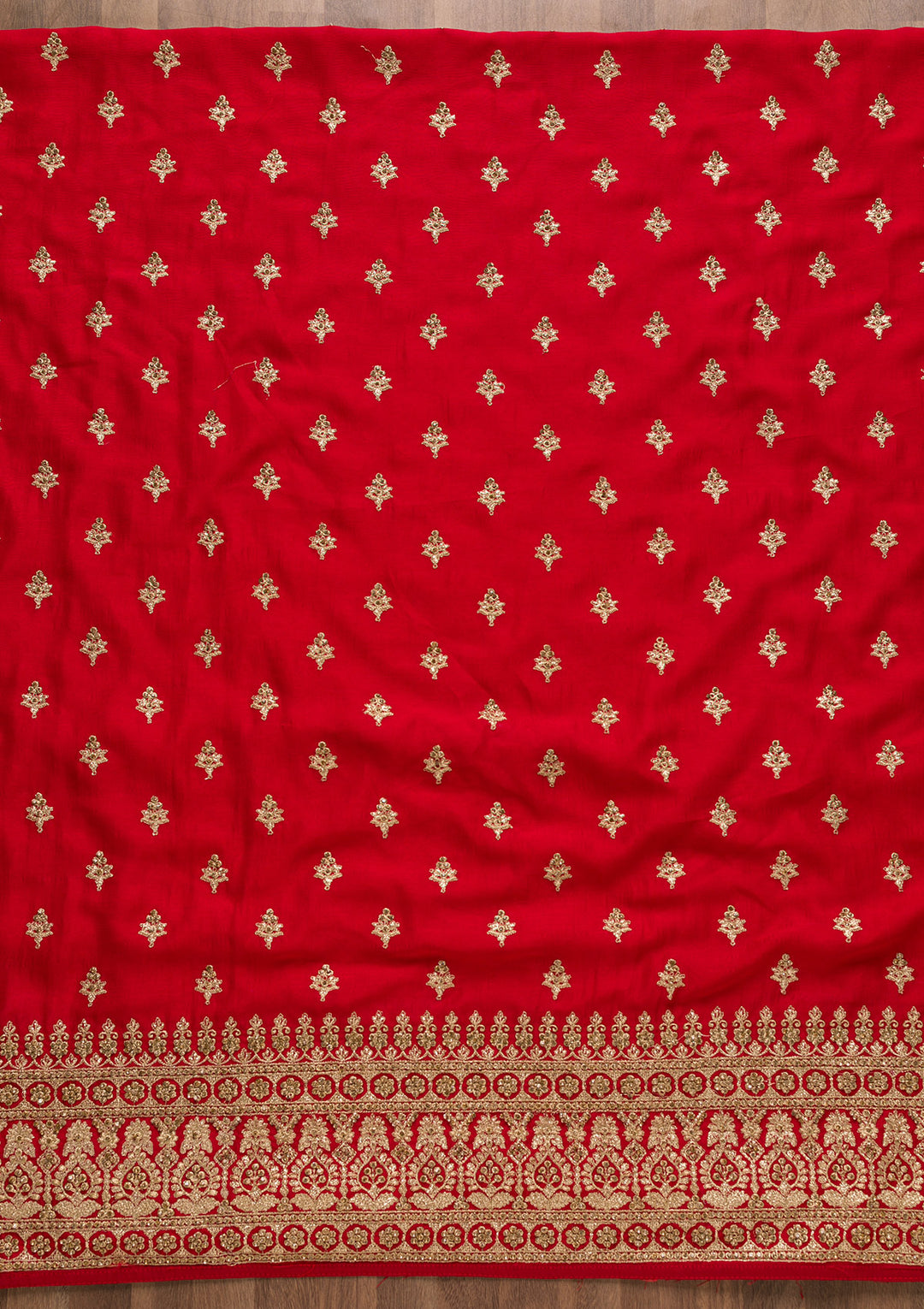 Red Soft Raw Silk Cording Unstitched Dress Material With Matching Bottom And Dupatta