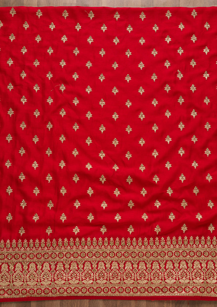 Red Soft Raw Silk Cording Unstitched Dress Material With Matching Bottom And Dupatta