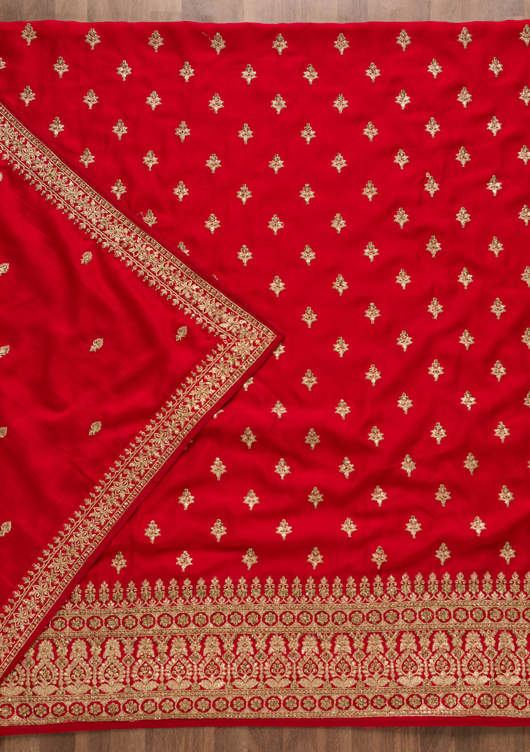 Red Soft Raw Silk Cording Unstitched Dress Material With Matching Bottom And Dupatta