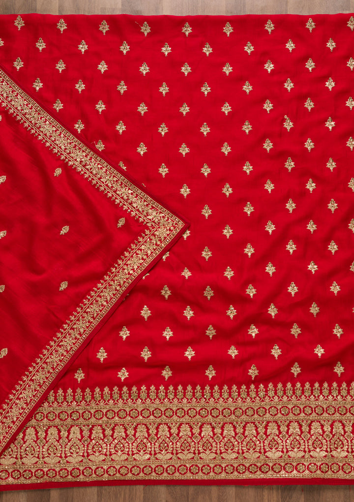 Red Soft Raw Silk Cording Unstitched Dress Material With Matching Bottom And Dupatta