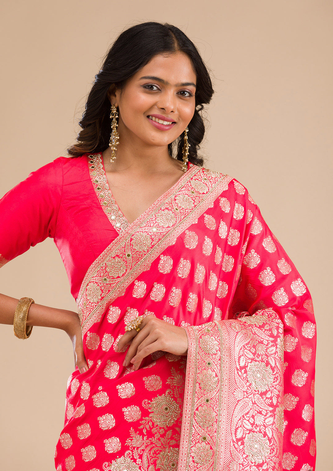 Red Silk Buti Gold Stonework Saree With Matching Blouse Piece