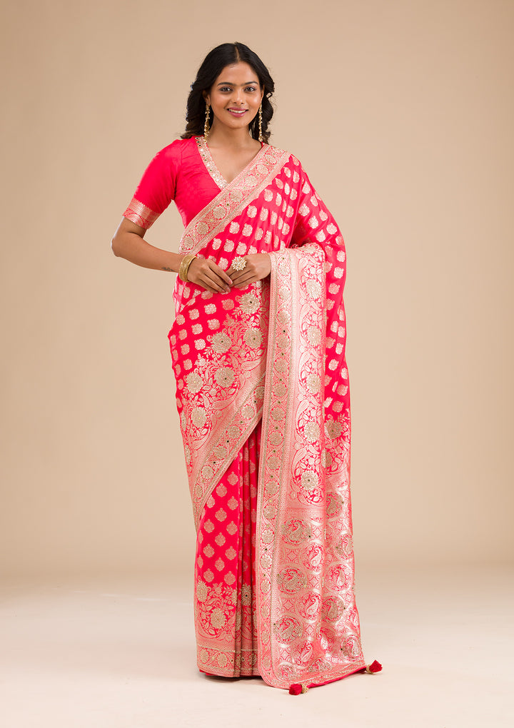 Red Silk Buti Gold Stonework Saree With Matching Blouse Piece