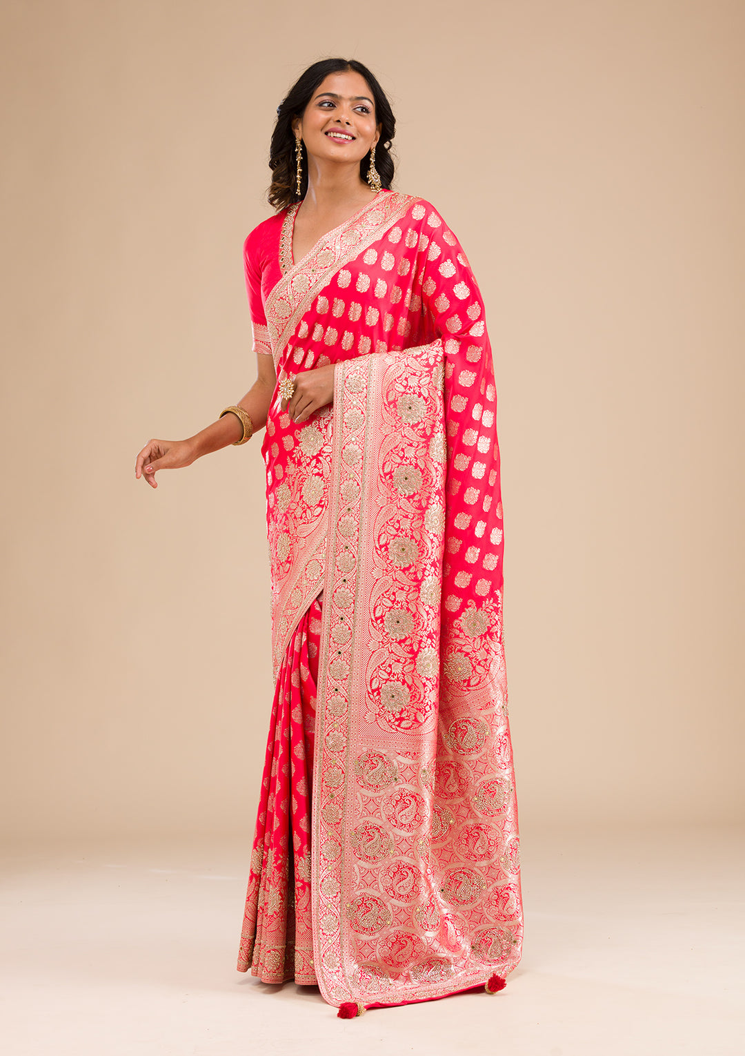 Red Silk Buti Gold Stonework Saree With Matching Blouse Piece