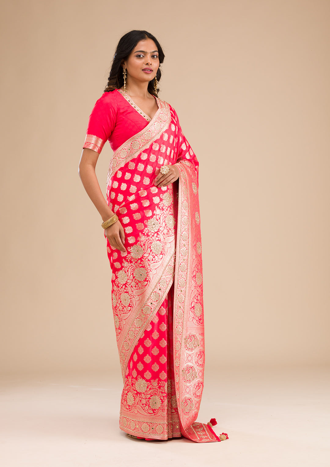 Red Silk Buti Gold Stonework Saree With Matching Blouse Piece