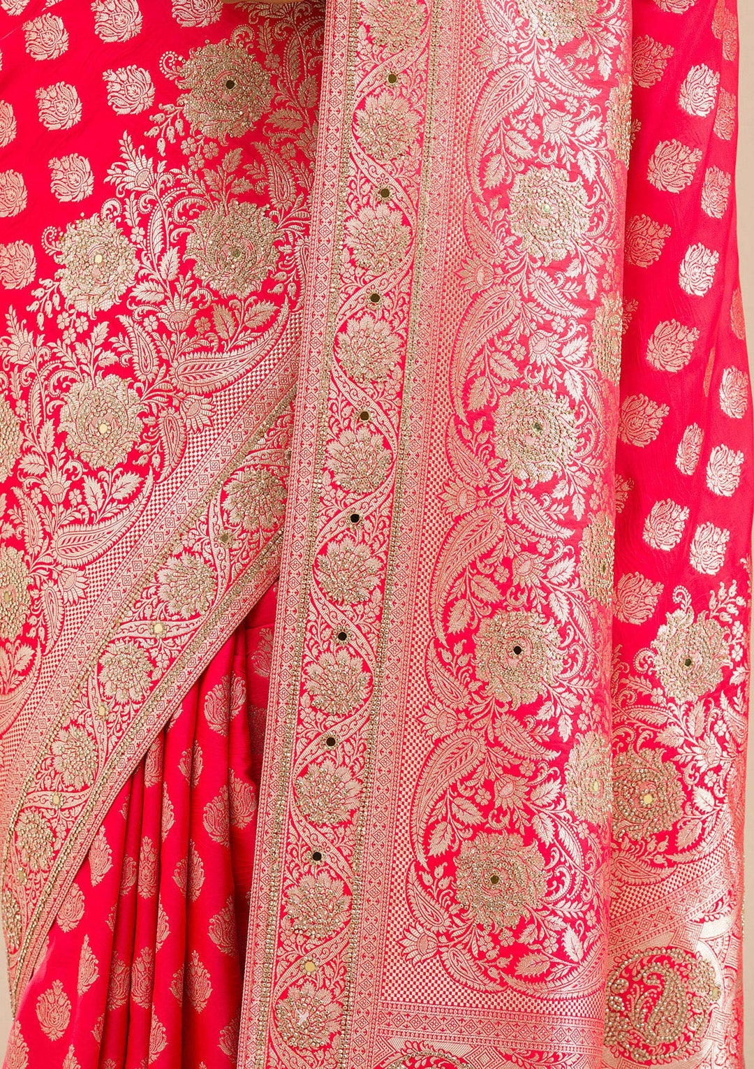 Red Silk Buti Gold Stonework Saree With Matching Blouse Piece