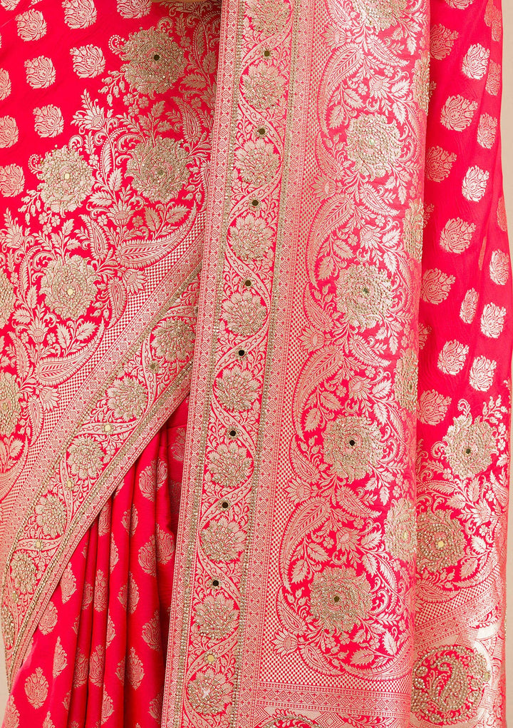 Red Silk Buti Gold Stonework Saree With Matching Blouse Piece