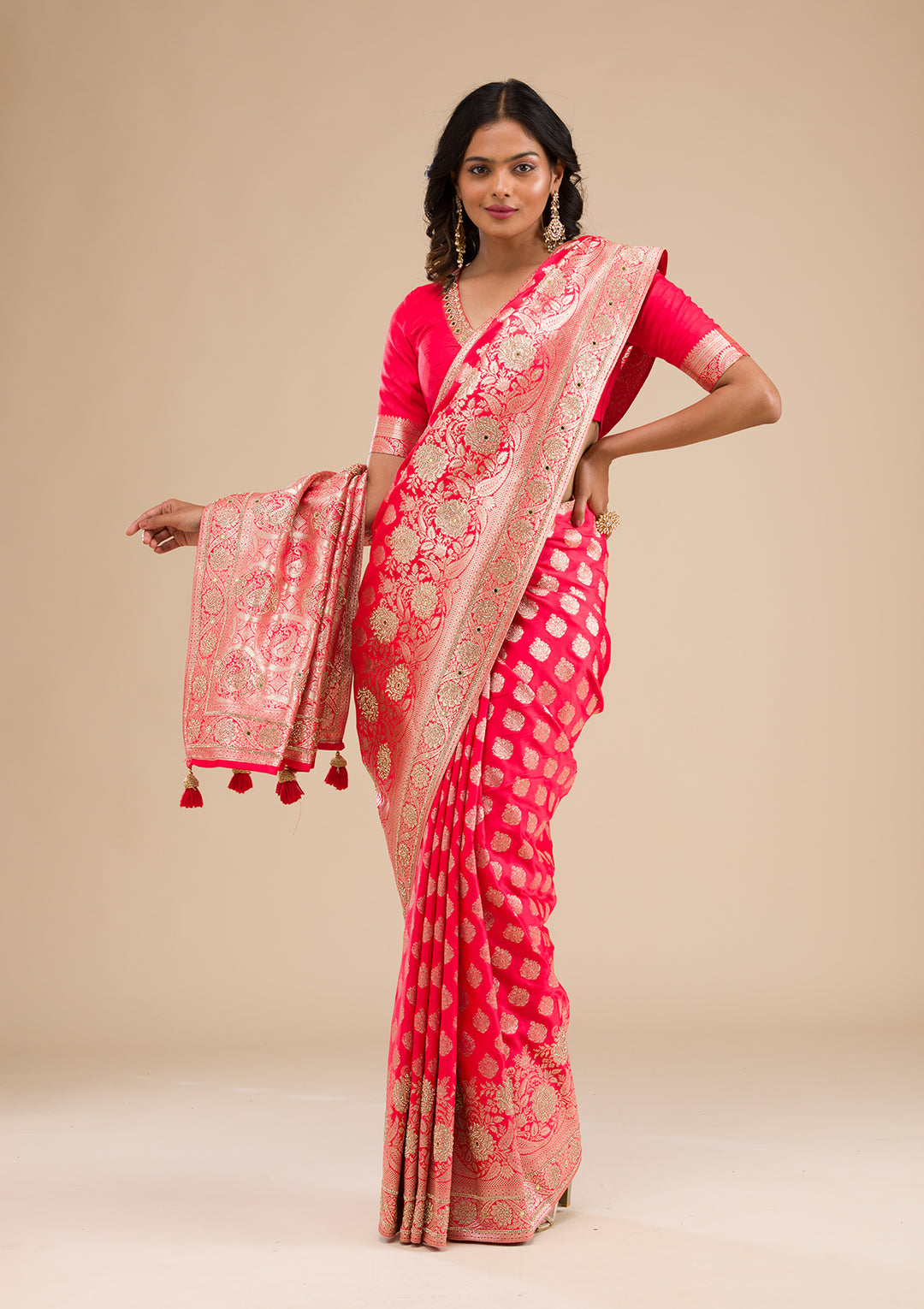 Red Silk Buti Gold Stonework Saree With Matching Blouse Piece
