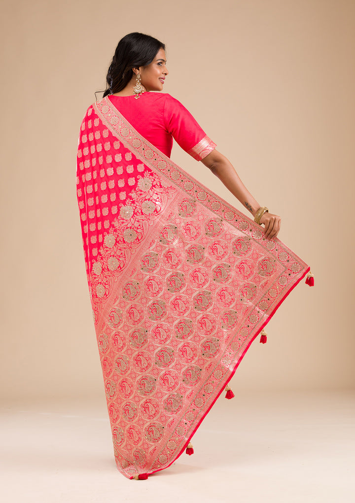 Red Silk Buti Gold Stonework Saree With Matching Blouse Piece